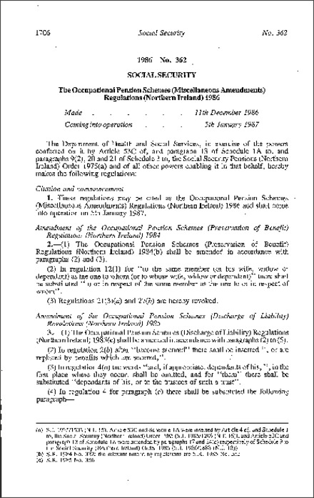 The Occupational Pension Schemes (Miscellaneous Amendment) Regulations (Northern Ireland) 1986