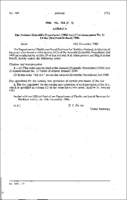 The Animals (Scientific Procedures) (1986 Act) (Commencement No. 1) Order (Northern Ireland) 1986