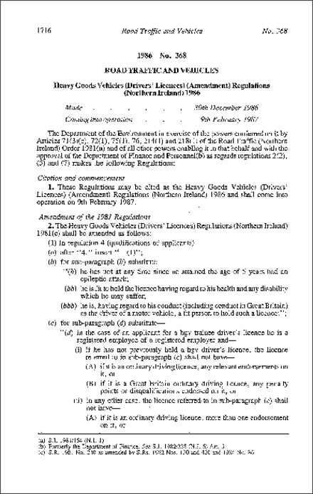 The Heavy Goods Vehicles (Drivers' Licences) (Amendment) Regulations (Northern Ireland) 1986