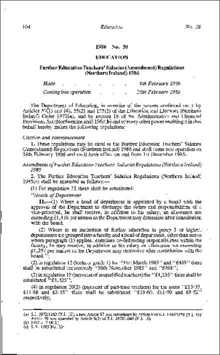 The Further Education Teachers' Salaries (Amendment) Regulations (Northern Ireland) 1986