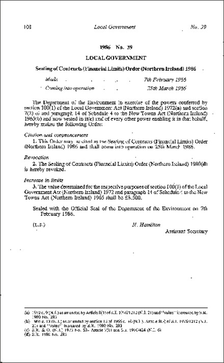 The Sealing of Contracts (Financial Limits) Order (Northern Ireland) 1986