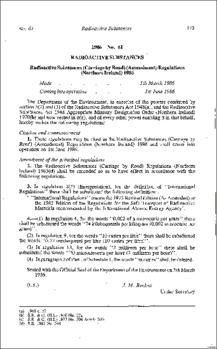 The Radioactive Substances (Carriage by Road) (Amendment) Regulations (Northern Ireland) 1986