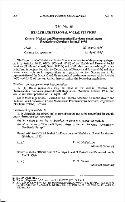 The General Medical and Pharmaceutical Services (Amendment) Regulations (Northern Ireland) 1986