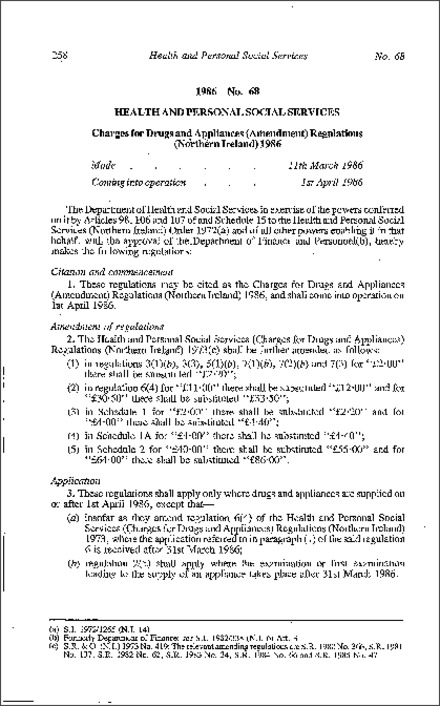 The Charges for Drugs and Appliances (Amendment) Regulations (Northern Ireland) 1986