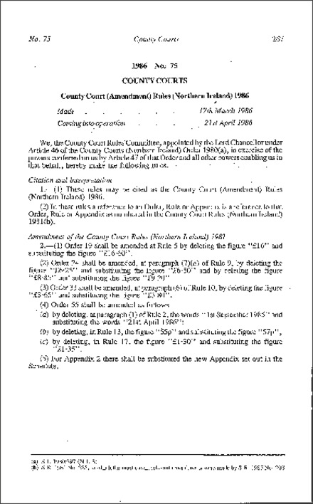 The County Court (Amendment) Rules (Northern Ireland) 1986