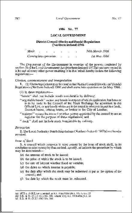 The District Council (Stocks and Bonds) Regulations (Northern Ireland) 1986