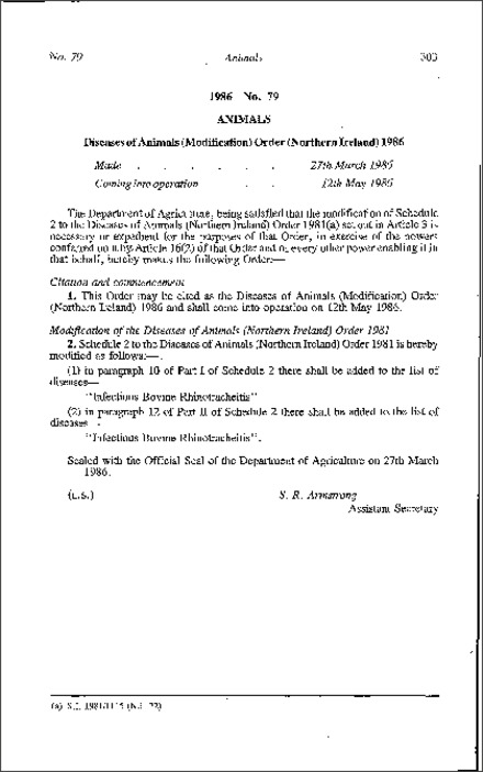 The Diseases of Animals (Modification) Order (Northern Ireland) 1986