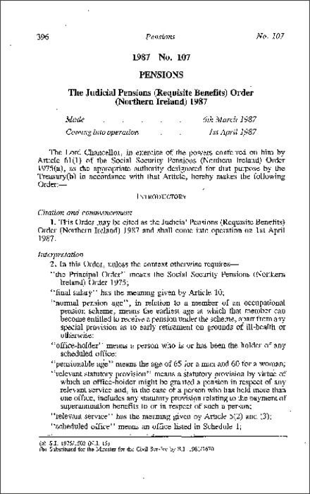 The Judicial Pensions (Requisite Benefits) Order (Northern Ireland) 1987