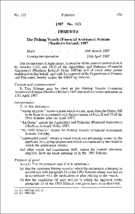 The Fishing Vessels (Financial Assistance) Scheme (Northern Ireland) 1987