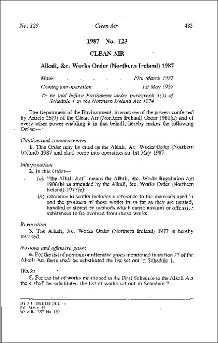 The Alkali &c. Works Order (Northern Ireland) 1987