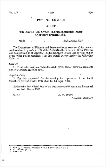 The Audit (1987 Order) (Commencement) Order (Northern Ireland) 1987