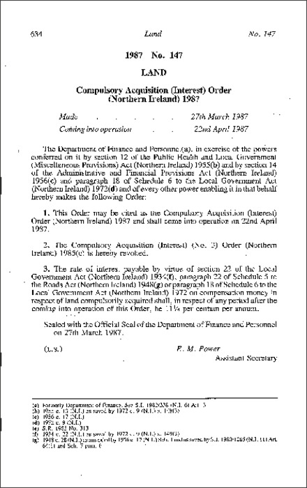 The Compulsory Acquisition (Interest) Order (Northern Ireland) 1987