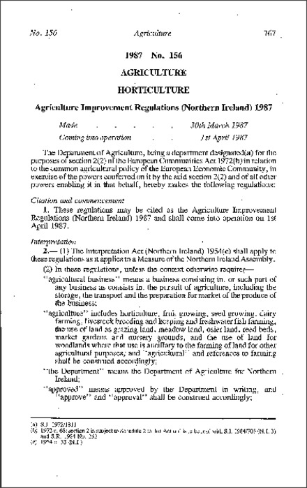 The Agriculture Improvement Regulations (Northern Ireland) 1987