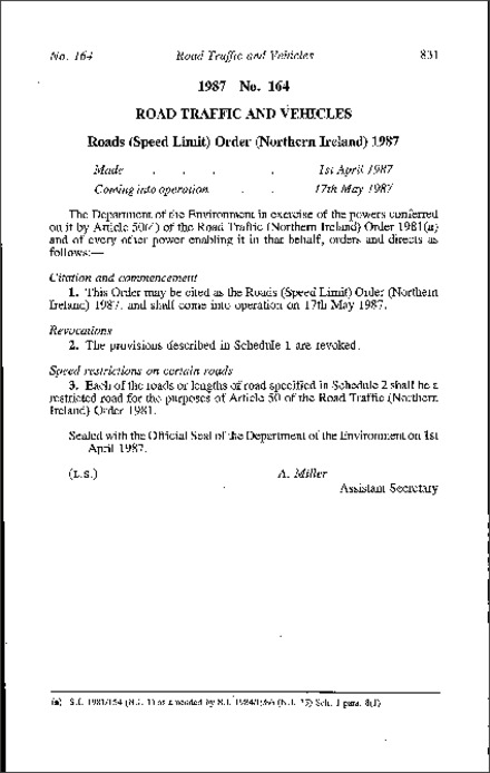 The Roads (Speed Limit) Order (Northern Ireland) 1987