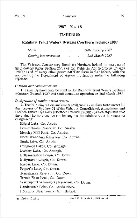 The Rainbow Trout Waters Byelaws (Northern Ireland) 1987