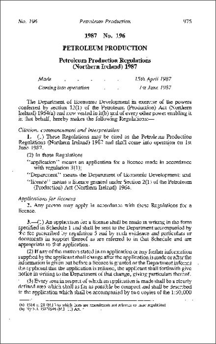 The Petroleum Production Regulations (Northern Ireland) 1987