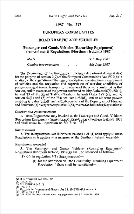 The Passenger and Good Vehicles (Recording Equipment) (Amendment) Regulations (Northern Ireland) 1987