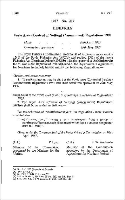 The Foyle Area (Control of Netting) (Amendment) Regulations (Northern Ireland) 1987