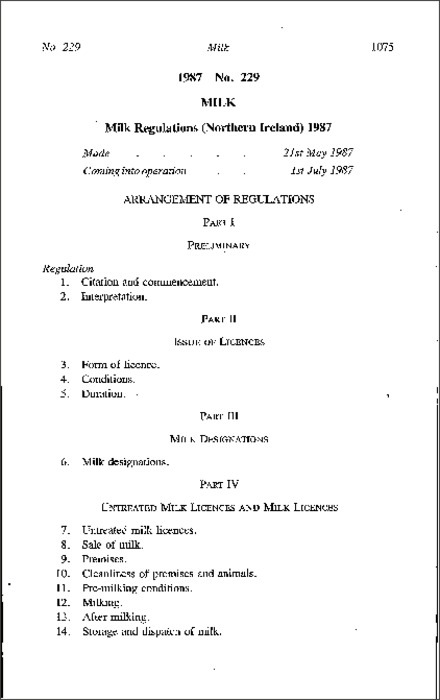 The Milk Regulations (Northern Ireland) 1987