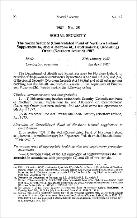 The Social Security (Consolidated Fund of Northern Ireland Supplement to and Allocation of Contributions) (Re-rating) Order (Northern Ireland) 1987