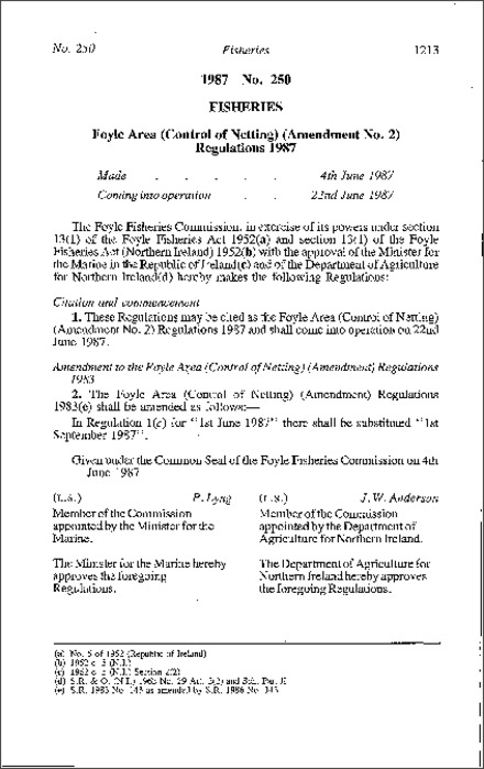 The Foyle Area (Control of Netting) (Amendment No. 2) Regulations (Northern Ireland) 1987