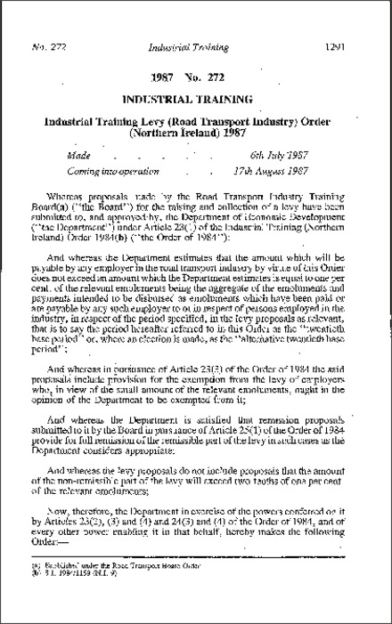 The Industrial Training Levy (Road Transport Industry) Order (Northern Ireland) 1987