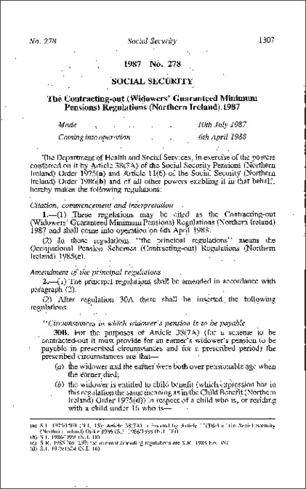 The Contracting -out (Widowers' Guaranteed Minimum Pensions) Regulations (Northern Ireland) 1987