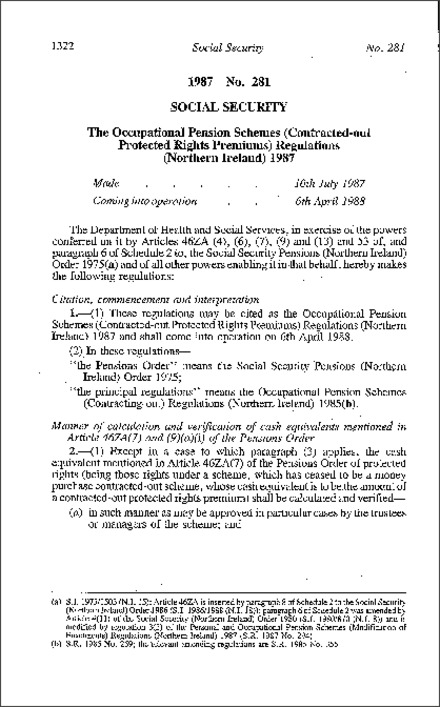 The Occupational Pension Schemes (Contracted-out Protected Rights Premiums) Regulations (Northern Ireland) 1987