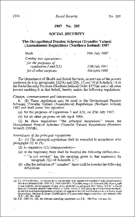 The Occupational Pension Schemes (Transfer Values) (Amendment) Regulations (Northern Ireland) 1987