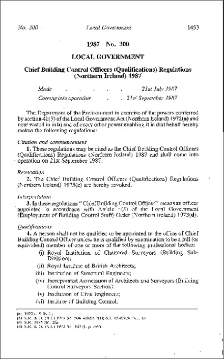 The Chief Building Control Officers Qualifications Regulations Northern Ireland 1987