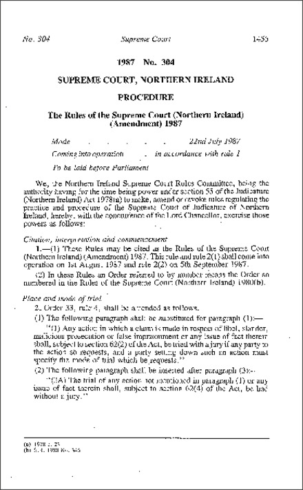 The Rules of the Supreme Court (Northern Ireland) (Amendment) (Northern Ireland) 1987