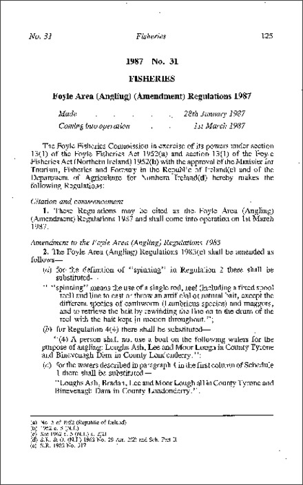 The Foyle Area (Angling) (Amendment) Regulations (Northern Ireland) 1987