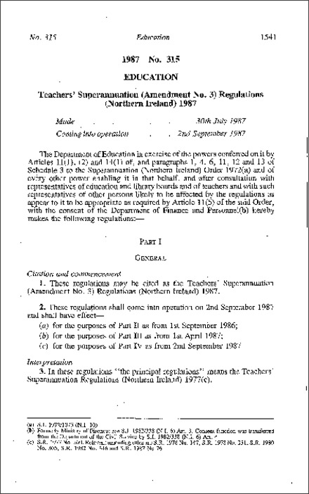 The Teachers' Superannuation (Amendment No. 3) Regulations (Northern Ireland) 1987