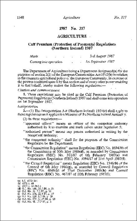 The Calf Premium (Protection of Payments) Regulations (Northern Ireland) 1987