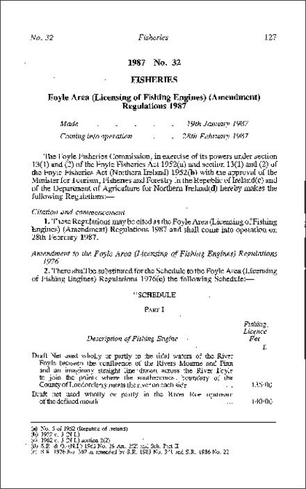 The Foyle Area (Licensing of Fishing Enquiries) (Amendment) Regulations (Northern Ireland) 1987