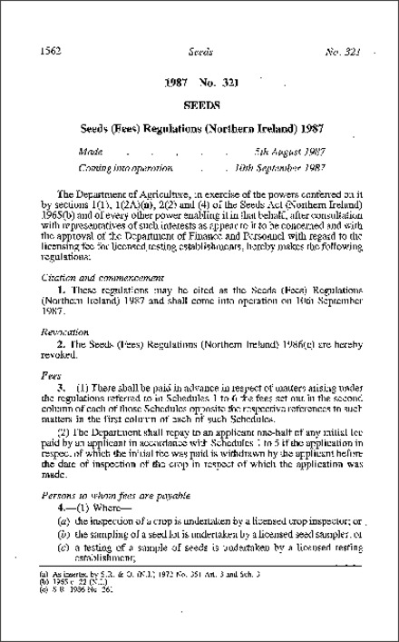 The Seeds (Fees) Regulations (Northern Ireland) 1987