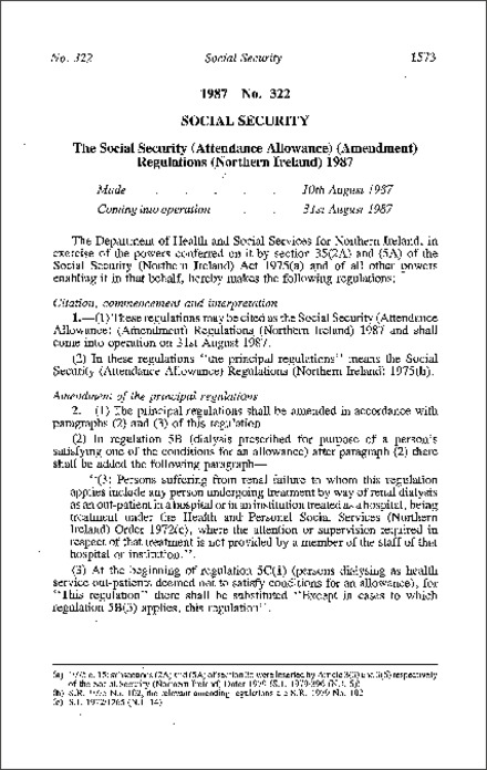 The Social Security (Attendance Allowance) (Amendment) Regulations (Northern Ireland) 1987