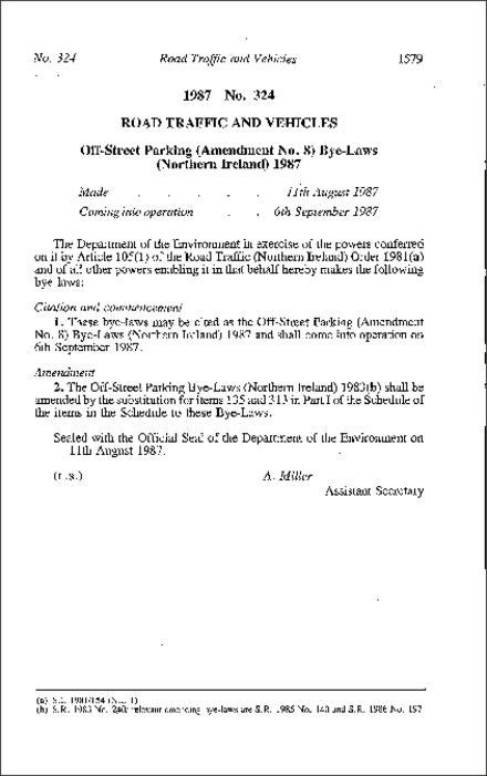 The Off - Street Parking (Amendment No. 8) Bye-Laws (Northern Ireland) 1987