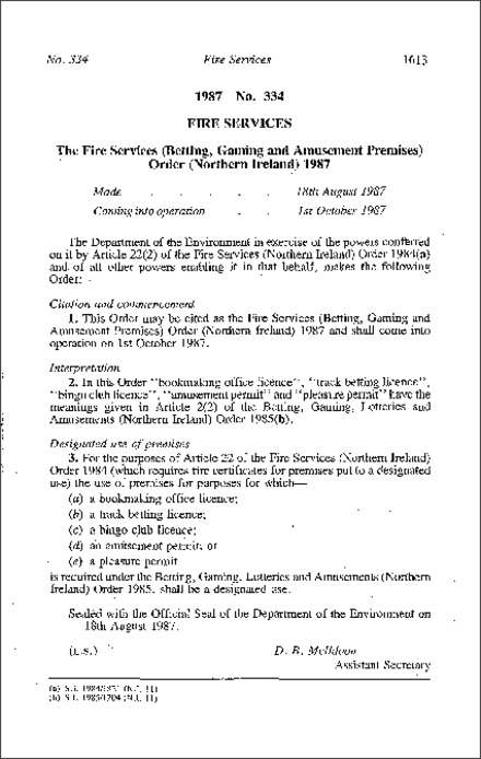 The Fire Services (Betting, Gaming and Amusement Premises) Order (Northern Ireland) 1987