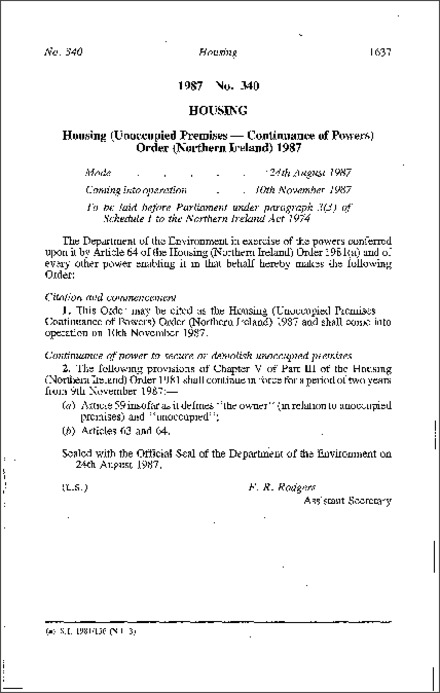 The Housing (Unoccupied Premises - Continuance of Powers) Order (Northern Ireland) 1987
