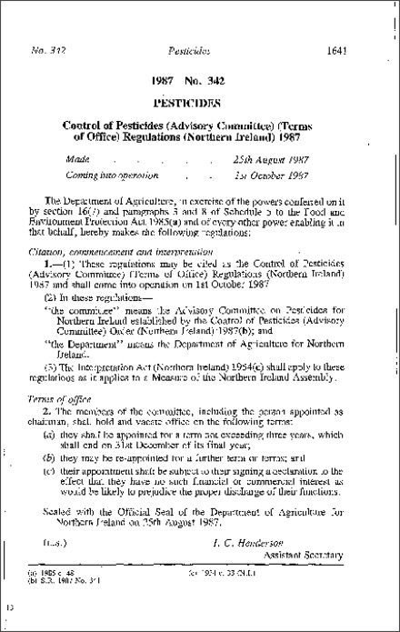 The Control of Pesticides (Advisory Committee) (Terms of Office) Regulations (Northern Ireland) 1987