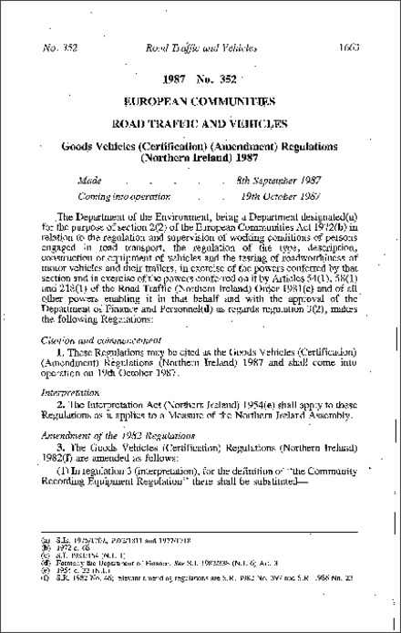 The Goods Vehicles (Certification) (Amendment) Regulations (Northern Ireland) 1987