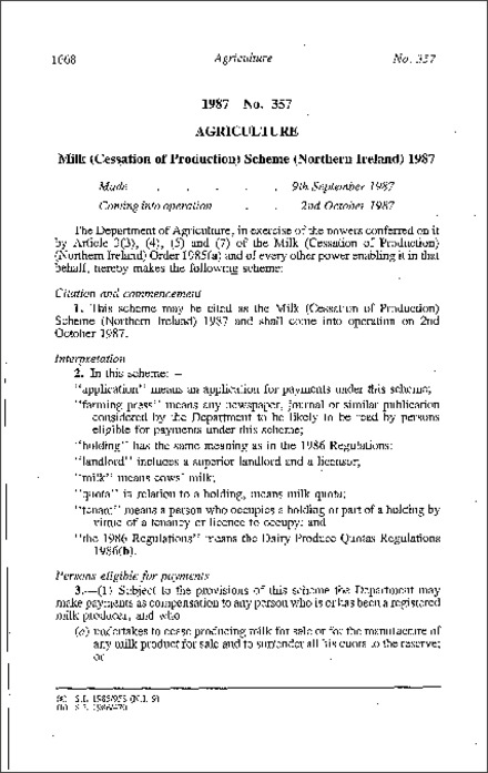 The Milk (Cessation of Production) Scheme (Northern Ireland) 1987