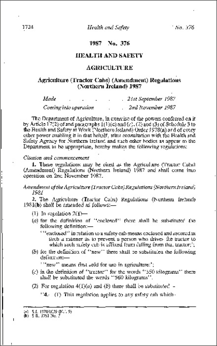 The Agriculture (Tractor Cabs) (Amendment) Regulations (Northern Ireland) 1987