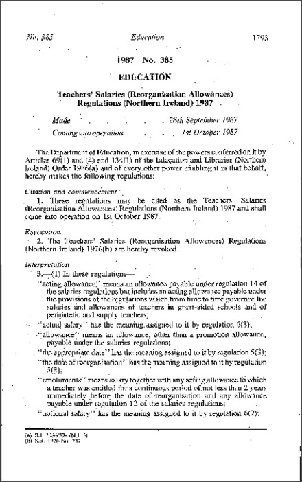 The Teachers' Salaries (Reorganisation Allowances) Regulations (Northern Ireland) 1987