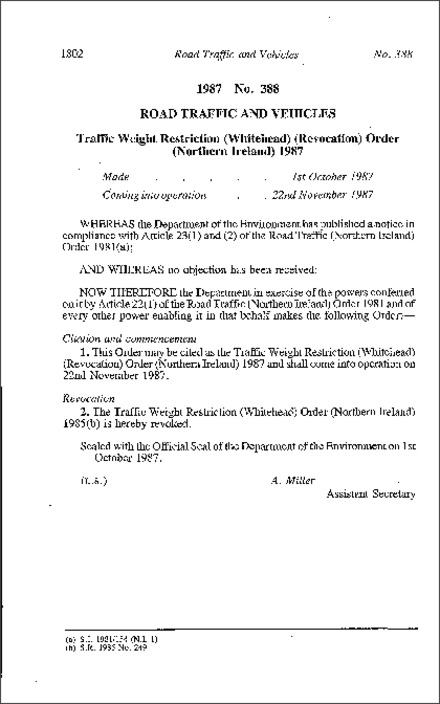 The Traffic Weight Restriction (Whitehead) (Revocation) Order (Northern Ireland) 1987