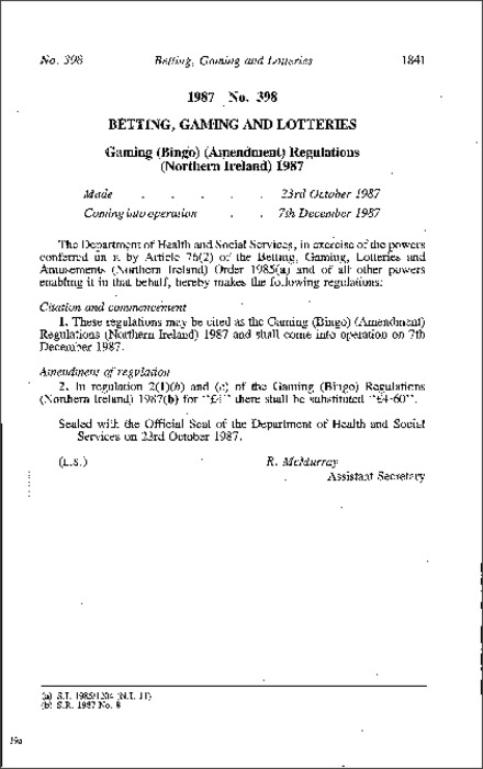 The Gaming (Bingo) (Amendment) Regulations (Northern Ireland) 1987