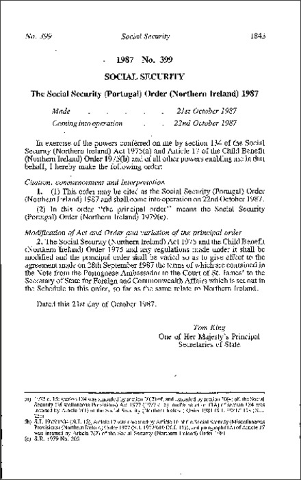 The Social Security (Portugal) Order (Northern Ireland) 1987