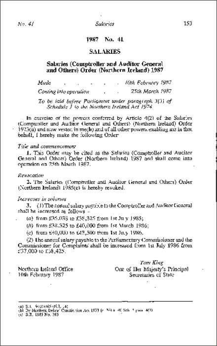 The Salaries (Comptroller and Auditor General and Others) Order (Northern Ireland) 1987
