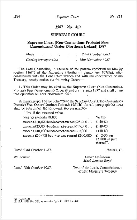 The Supreme Court (Non-Contentious Probate) Fees (Amendment) Order (Northern Ireland) 1987